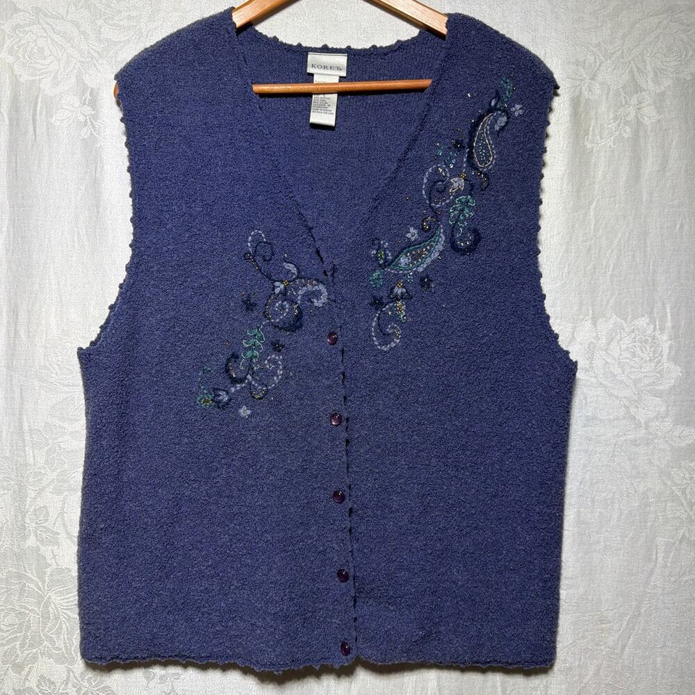 VTG Koret Cardigan Sweater Vest Purple Felted Paisley Beaded Boucle Knit Buttons